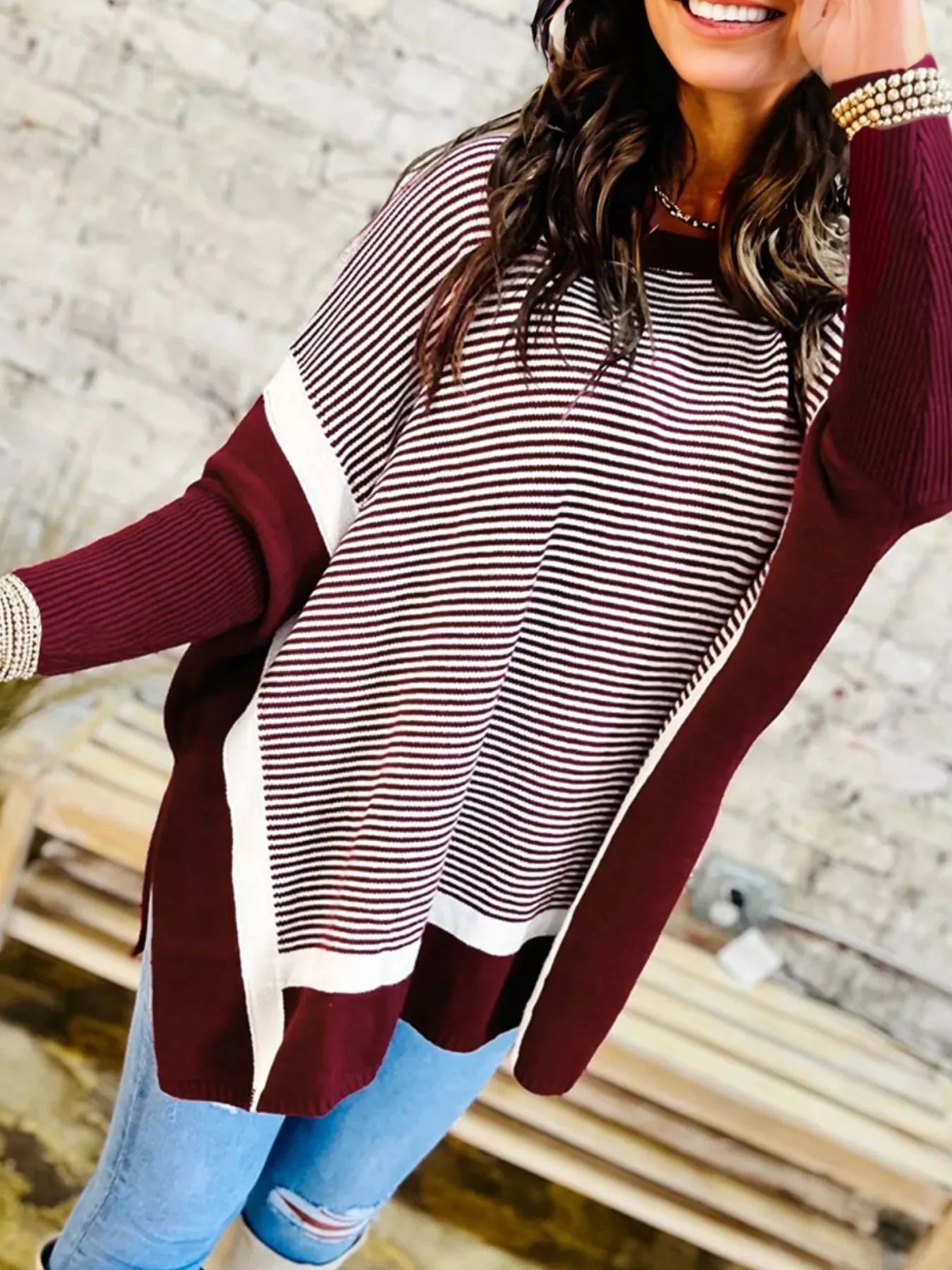 Sarah Express Women's Stripe Color Block Patchwork Dolman Oversize Tunic Sweater