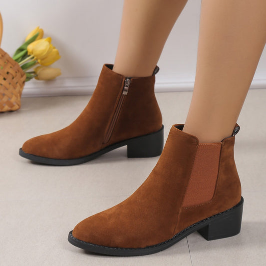 Sarah Express Women's Suede Ankle Boots | Side Zipper Chunky Heel Slip-On Pointed Toe