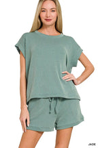 Sarah Express Women's Raised Rib Cap Sleeve Top & Shorts Set JADE