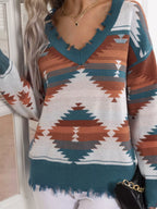 Sarah Express Women's Geometric Frayed Hem V-Neck Long Sleeve Sweater