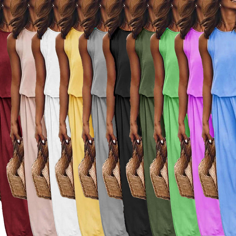 Women's Sleeveless Round Neck Dress with Side Split Solid Color