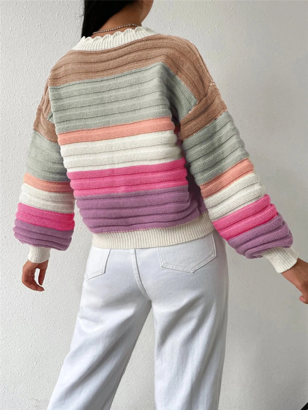 Sarah Express Women's Rainbow Striped Cropped Cardigan with Balloon Sleeves