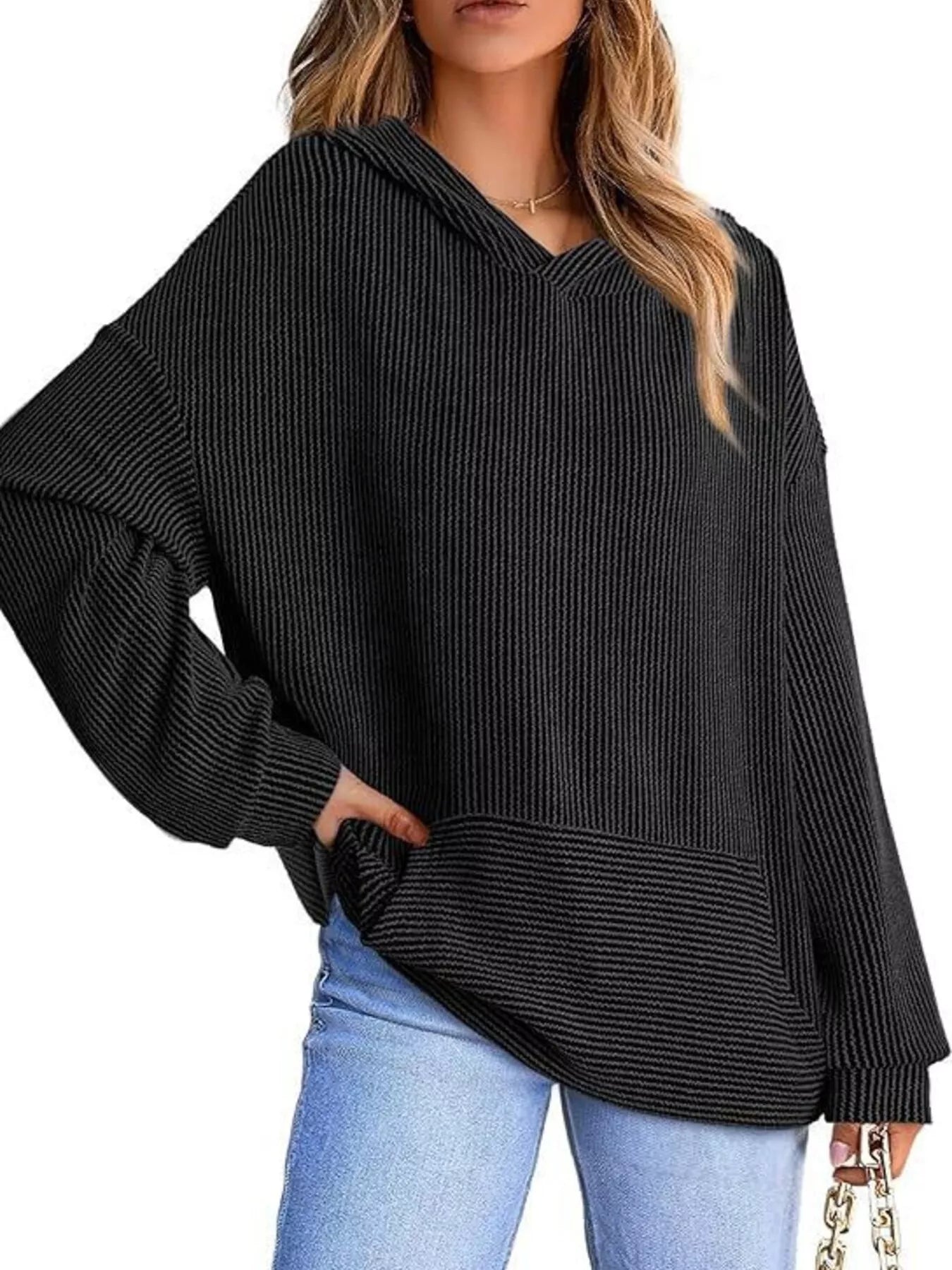 Sarah Express Women's Ribbed Oversized Hoodie Sweatshirt with Pocket Black