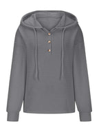Sarah Express Women's Drawstring Quarter Button Long Sleeve Hoodie