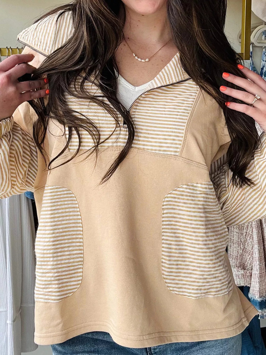 Sarah Express Women's Quarter Zip Striped Patchwork Drop Shoulder Loose Long Sleeve Top Khaki