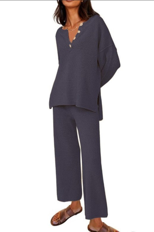 Sarah Express Women's Two-Piece Leisure Set Long Sleeve Top and Pants Casual Suit Dark Blue