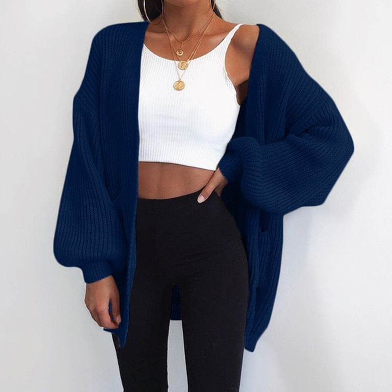Women's Loose Fit Mid-Length Cardigan Sweater Open Front Knit Jacket Solid Color Casual