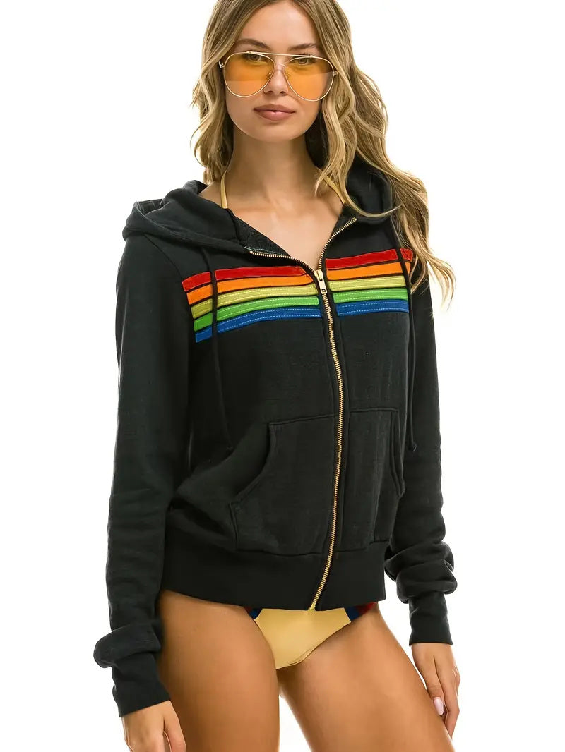 Women's Rainbow Stripe Contrast Color Sweater Jacket Cardigan