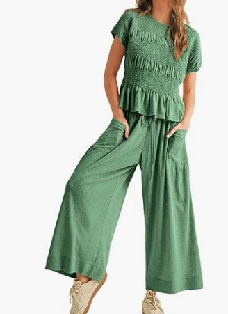 Pleated Top Wide Leg Pants 2-Piece Matching Set