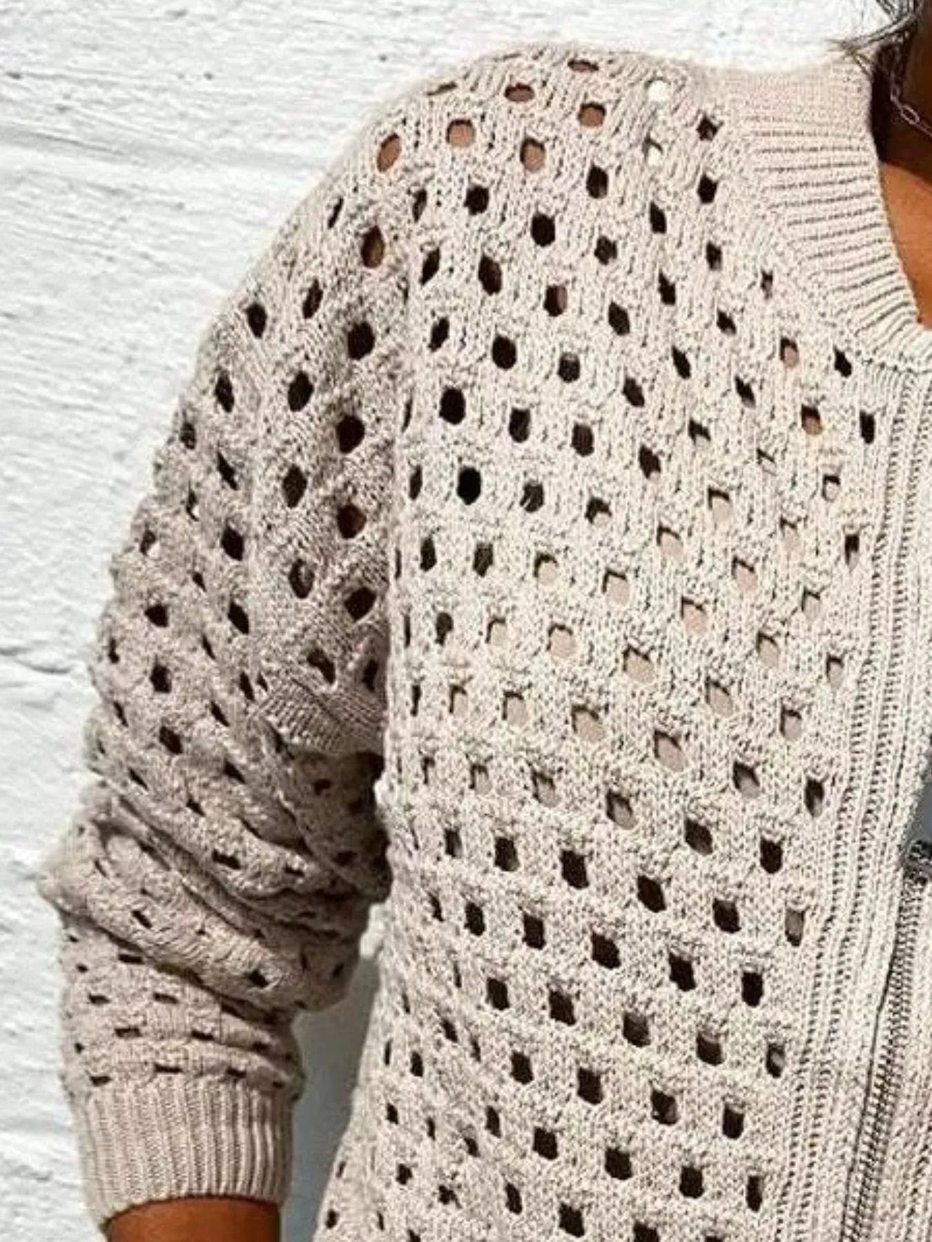 Sarah Express Women's Full Size Zip Up Long Sleeve Cardigan with Eyelet Detail Plus Size