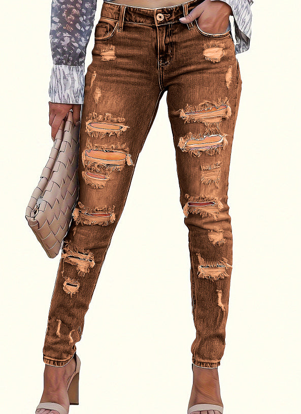 Women's Distressed Skinny Pants Mid Waist Cotton Ripped Denim Trousers Street Style