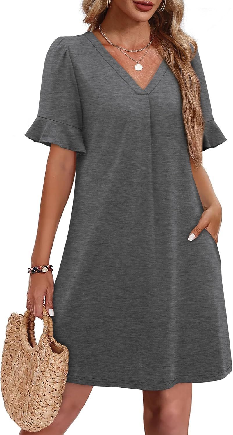 Women's V-Neck Ruffled A-Line Dress with Pockets Vacation Casual Short Sleeve