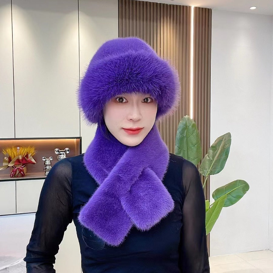 Women's Plush Winter Hat Scarf Set Dome Cap Warm Windproof