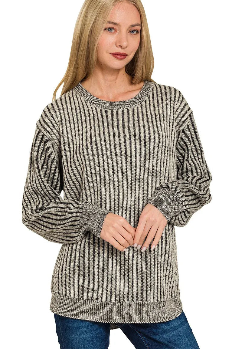 Curved Hem Two-Tone Ribbed Sweater