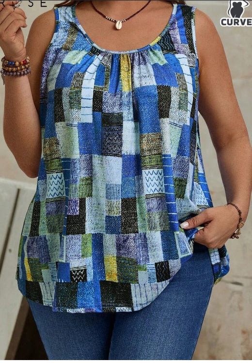 Plus Size Geometric Print Pleated Tank Top