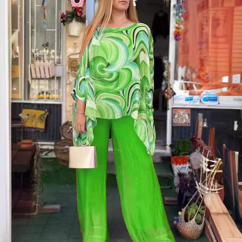 Printed Chiffon Two-Piece Set Round Neck 3/4 Sleeve Top Pants Suit