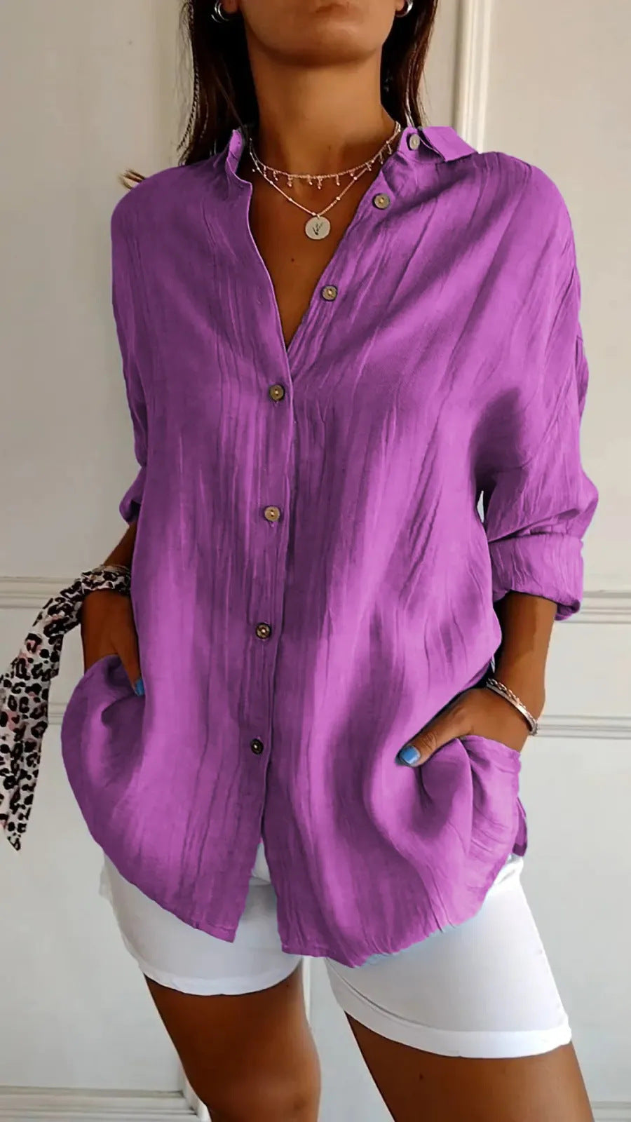 Women's Lapel Long Sleeve Pleated Button Front Shirt Blouse
