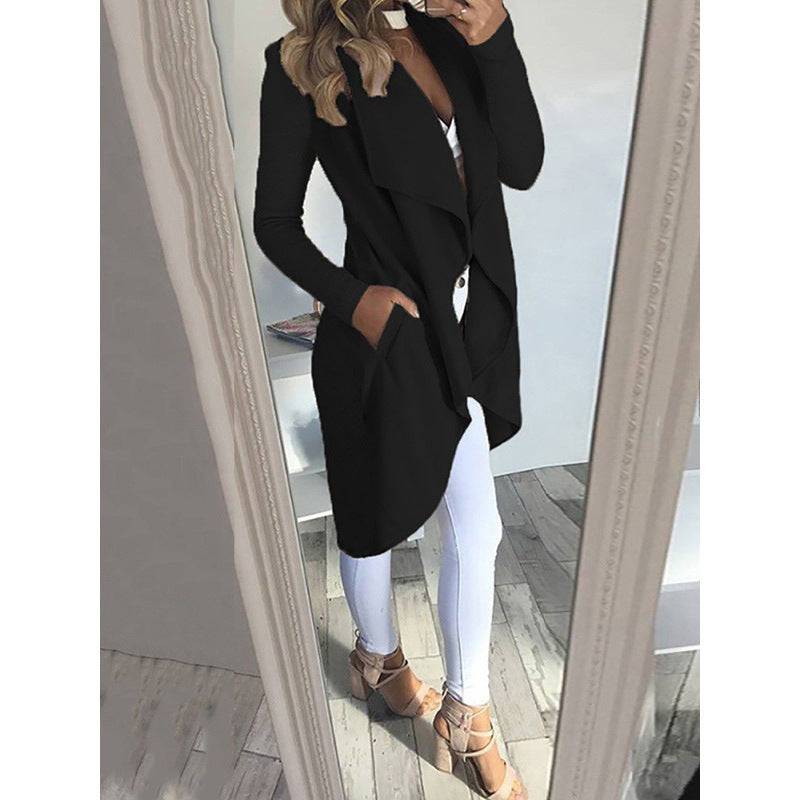 Women's Plus Size Polo Collar Long Trench Coat Slim Fit