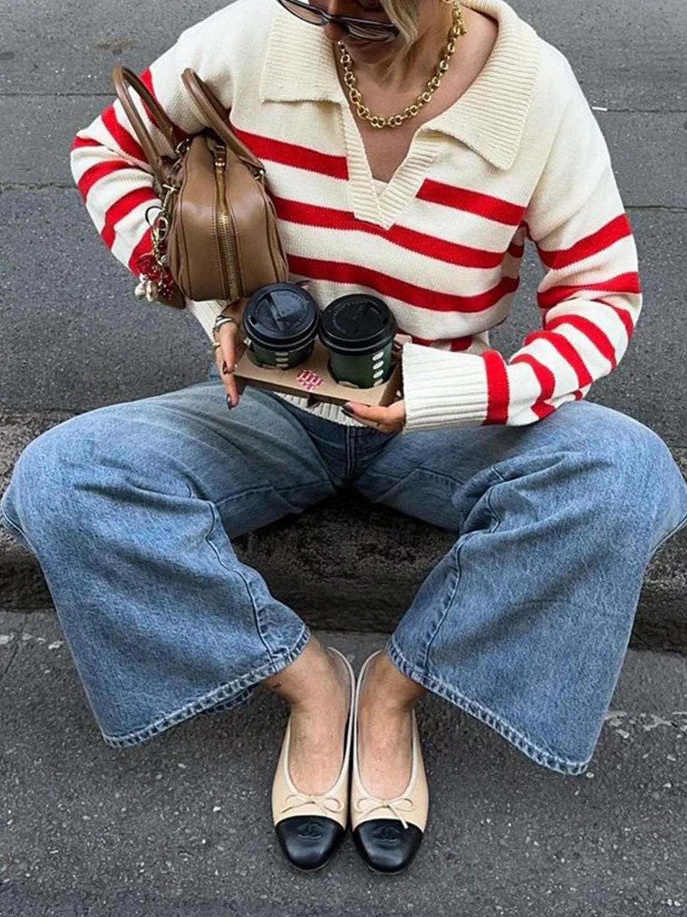 Sarah Express Women's Striped Knit Polo Collar Sweater