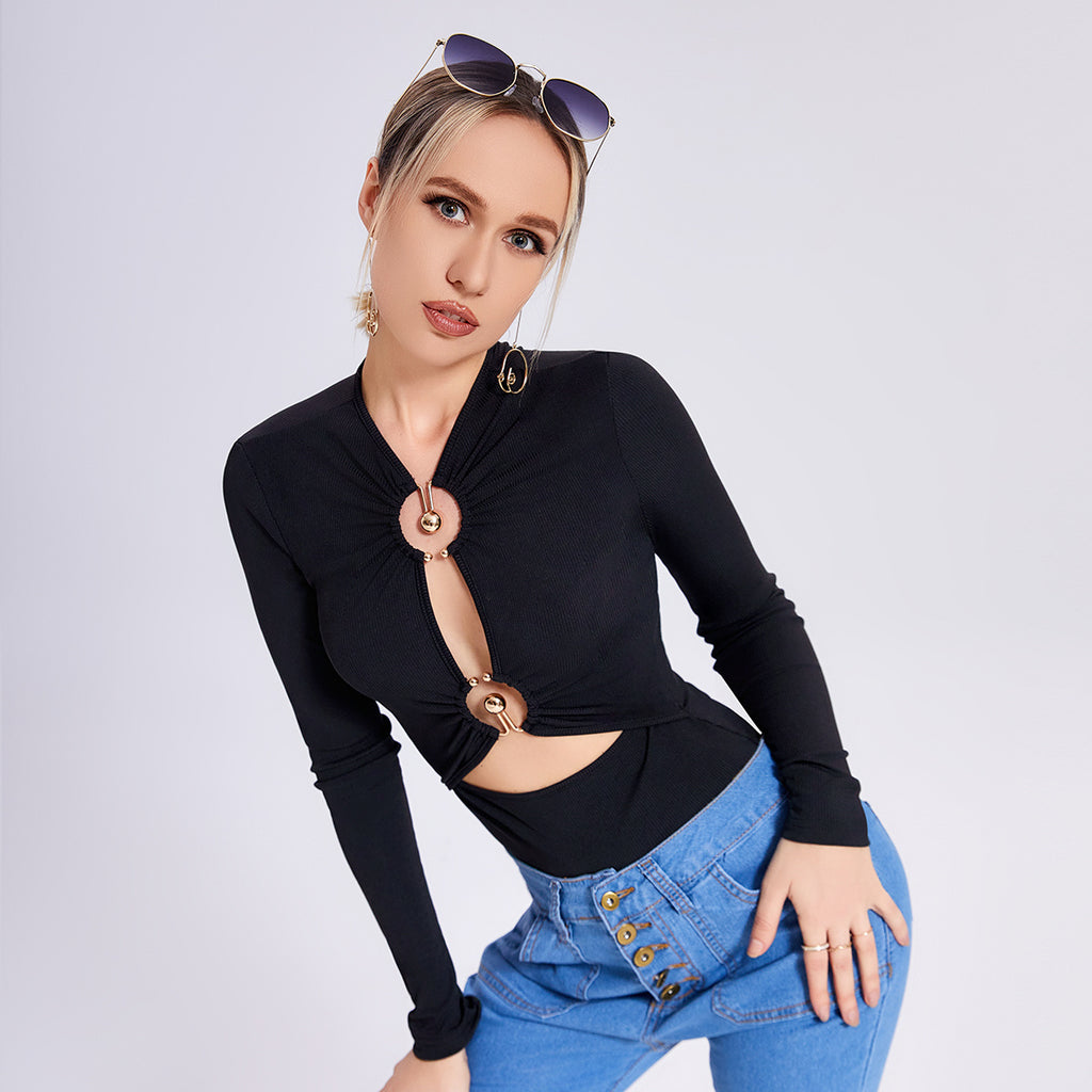 Women's Long Sleeve Fitted Top with Metal Accent Detail