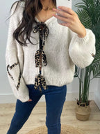 Sarah Express Women's Tie Front Long Sleeve Sweater Ivory White