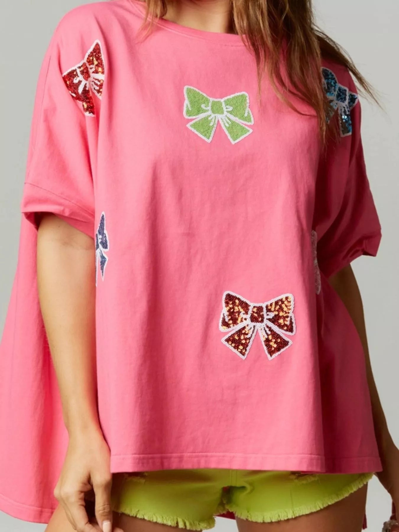 Sarah Express Women's Sequin Bow Round Neck T-Shirt - Oversized Casual Top Pink