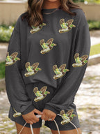 Sarah Express Women's Flying Mallard Sequin Patched Ribbed Long Sleeve Top and Shorts Set Dark Gray