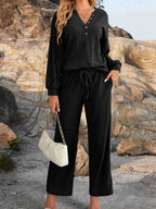 Sarah Express Women's Ribbed Knit Top and Pants Lounge Set with Button Detail