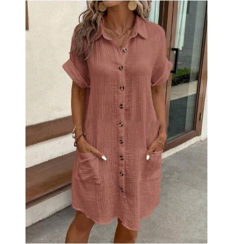 V-Neck Button Front Shirt Dress - A-Line Short Sleeve Women's Dress