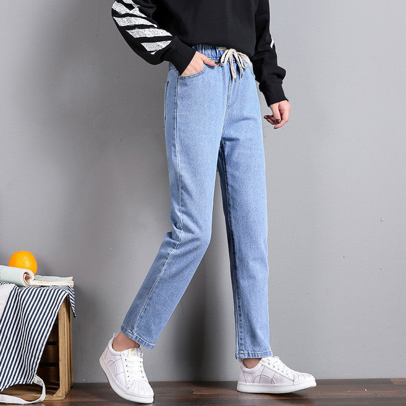 Women's High Waist Straight Leg Cropped Denim Jeans Elastic Waist