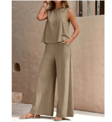 Women's Sleeveless Round Neck Top & Pants Two Piece Casual Set Street Style
