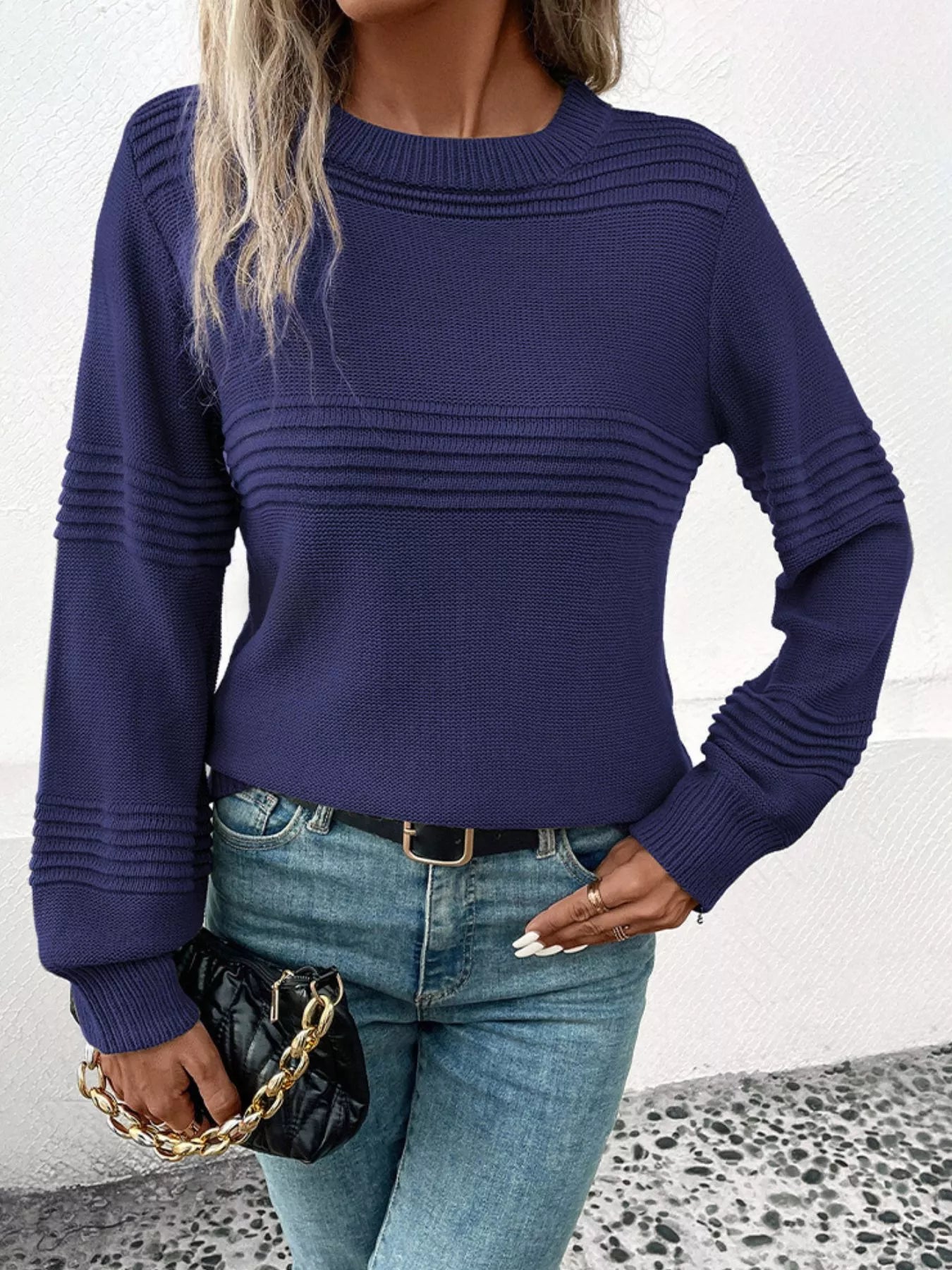 Sarah Express Women's Round Neck Long Sleeve Sweater Indigo