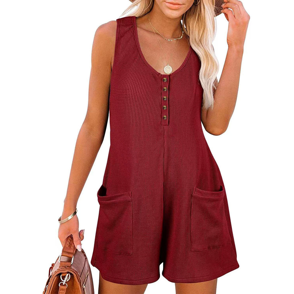 Women's Button Front Sleeveless Romper with Pockets