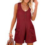 Women's Button Front Sleeveless Romper with Pockets