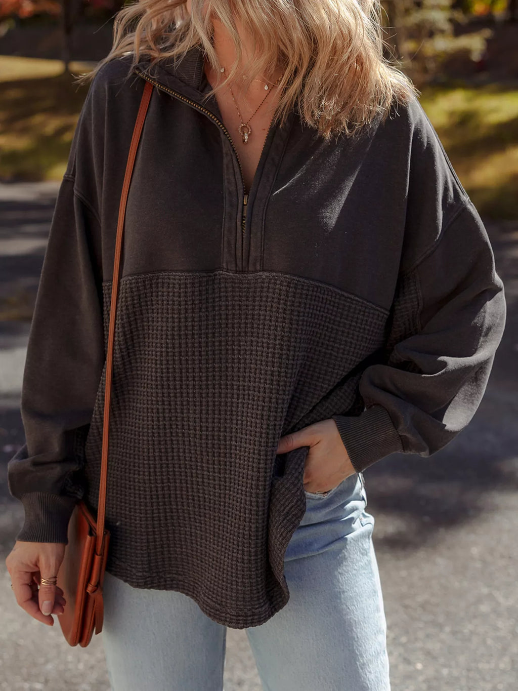 Sarah Express Women's Waffle Knit Patchwork Half Zip Casual Sweatshirt