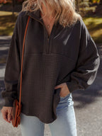 Sarah Express Women's Waffle Knit Patchwork Half Zip Casual Sweatshirt