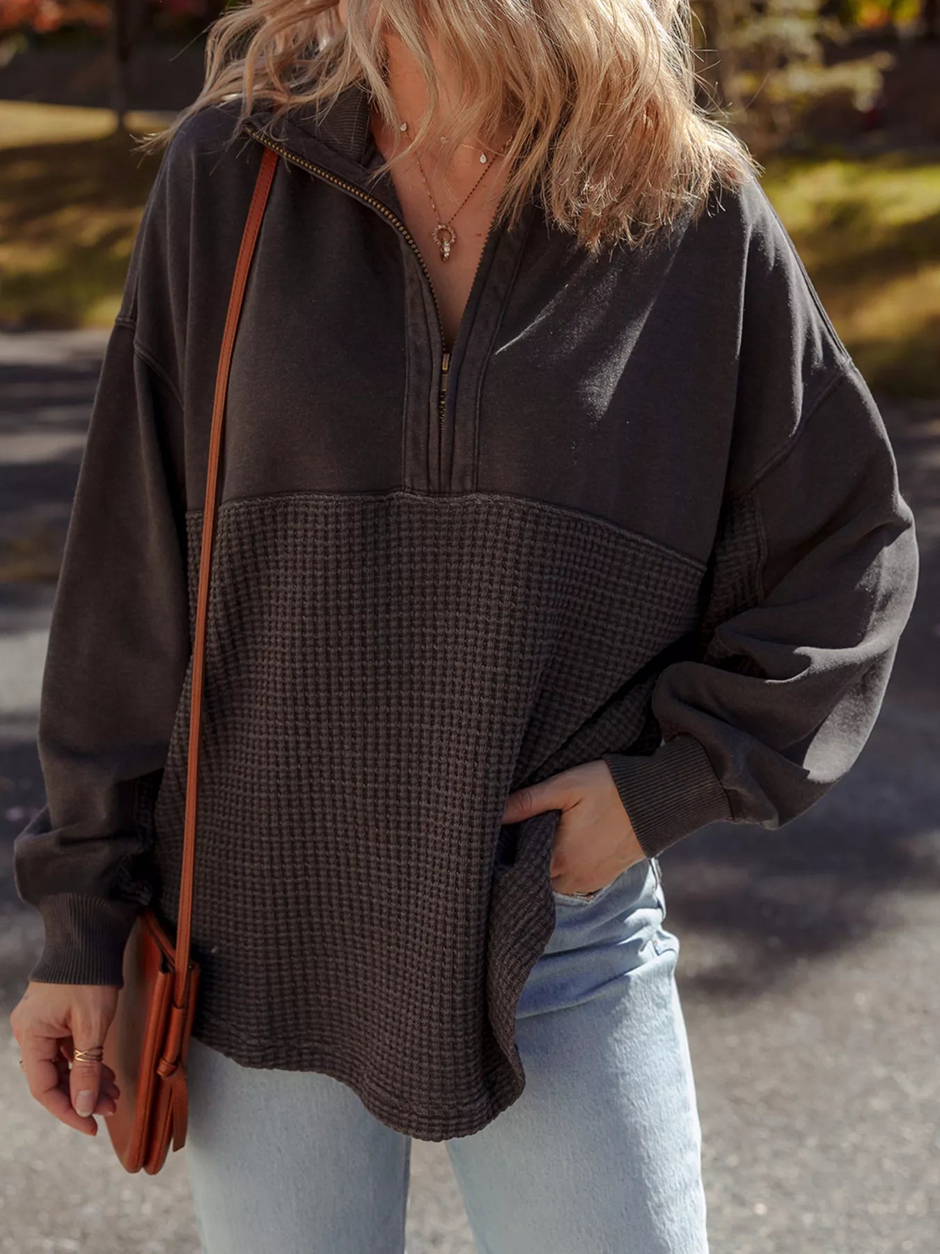 Sarah Express Women's Waffle Knit Patchwork Half Zip Casual Sweatshirt