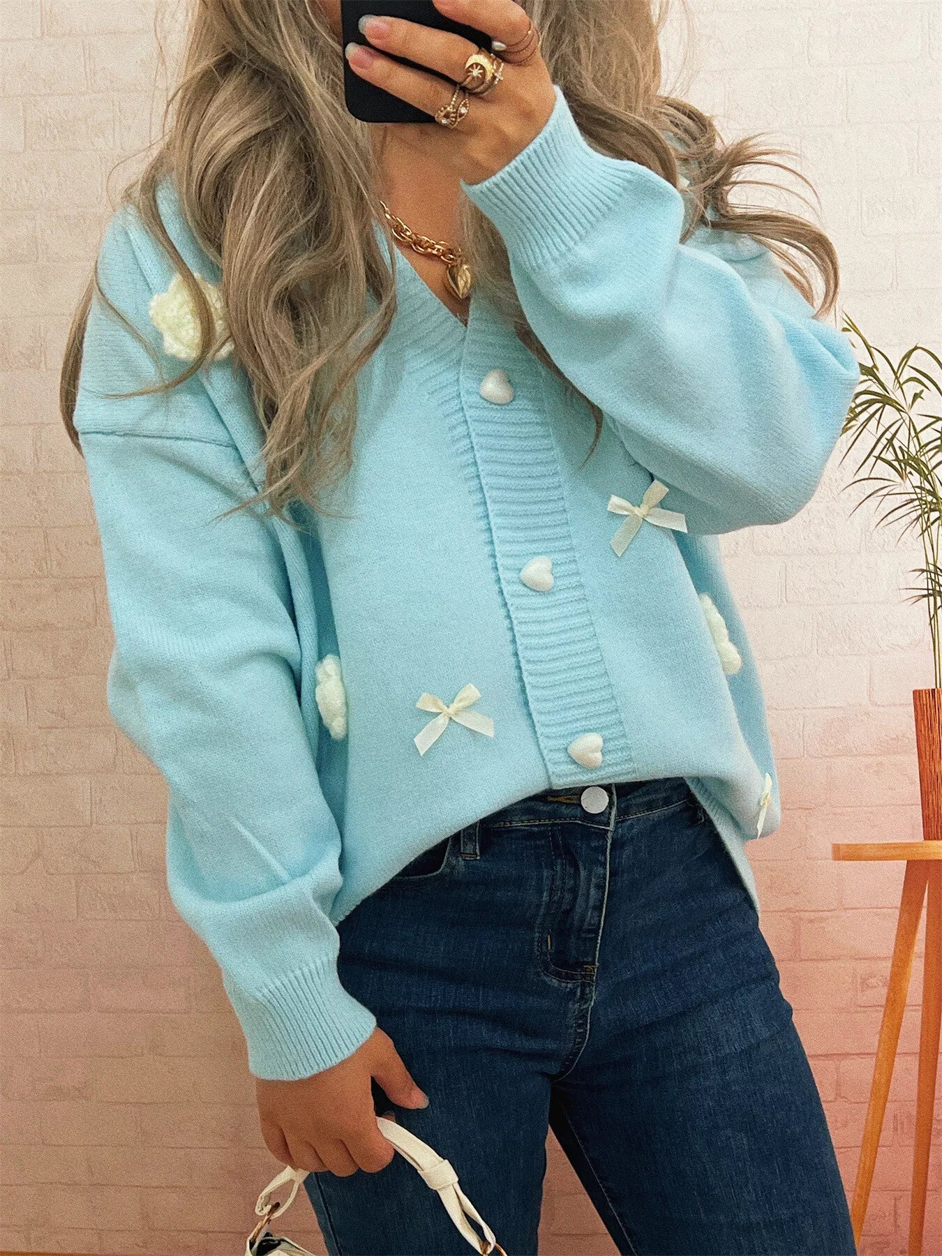 Sarah Express Women's Flower Heart Button Long Sleeve Cardigan