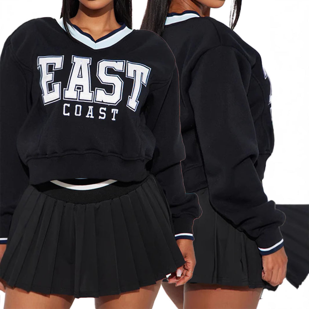 Women's Letter Print V-Neck Sweater Pleated Skirt Two-Piece Set