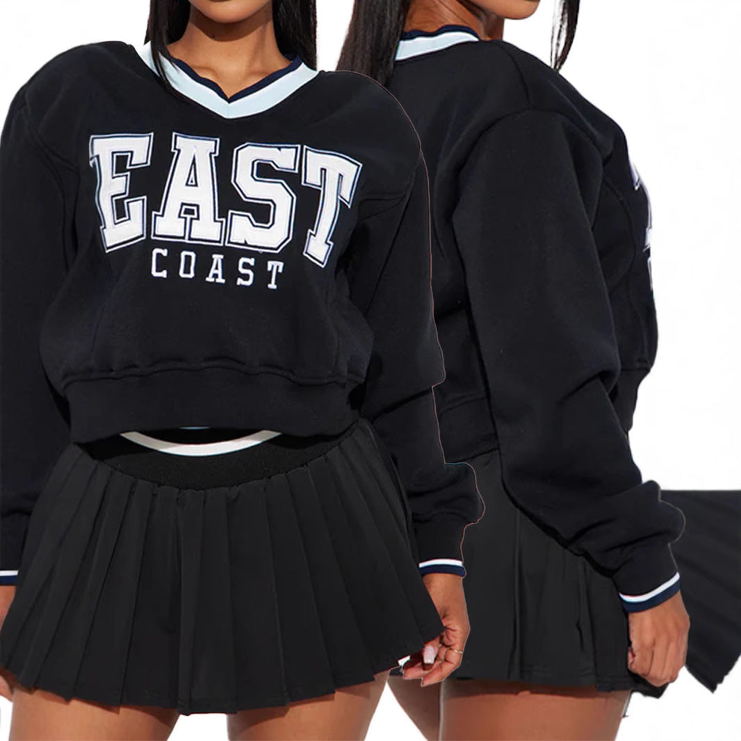 Women's Letter Print V-Neck Sweater Pleated Skirt Two-Piece Set