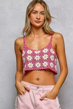 Trendsi POL Floral Pattern Crochet Cropped Cami with Scalloped Edge MAGENTA MULTI One Size