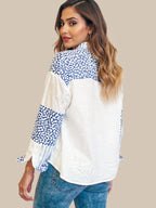 Sarah Express Women's Striped Patchwork Button Down Shirt with Leopard Print Details