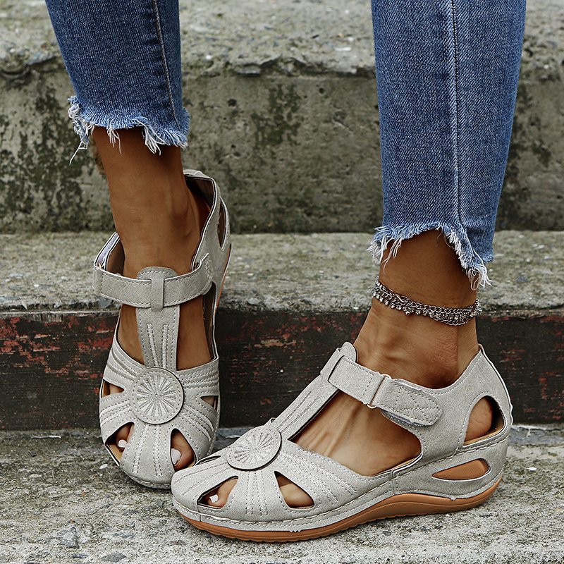 Sarah Express Cutout Round-Toe Velcro Beach Sandals Gray
