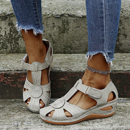 Sarah Express Cutout Round-Toe Velcro Beach Sandals Gray
