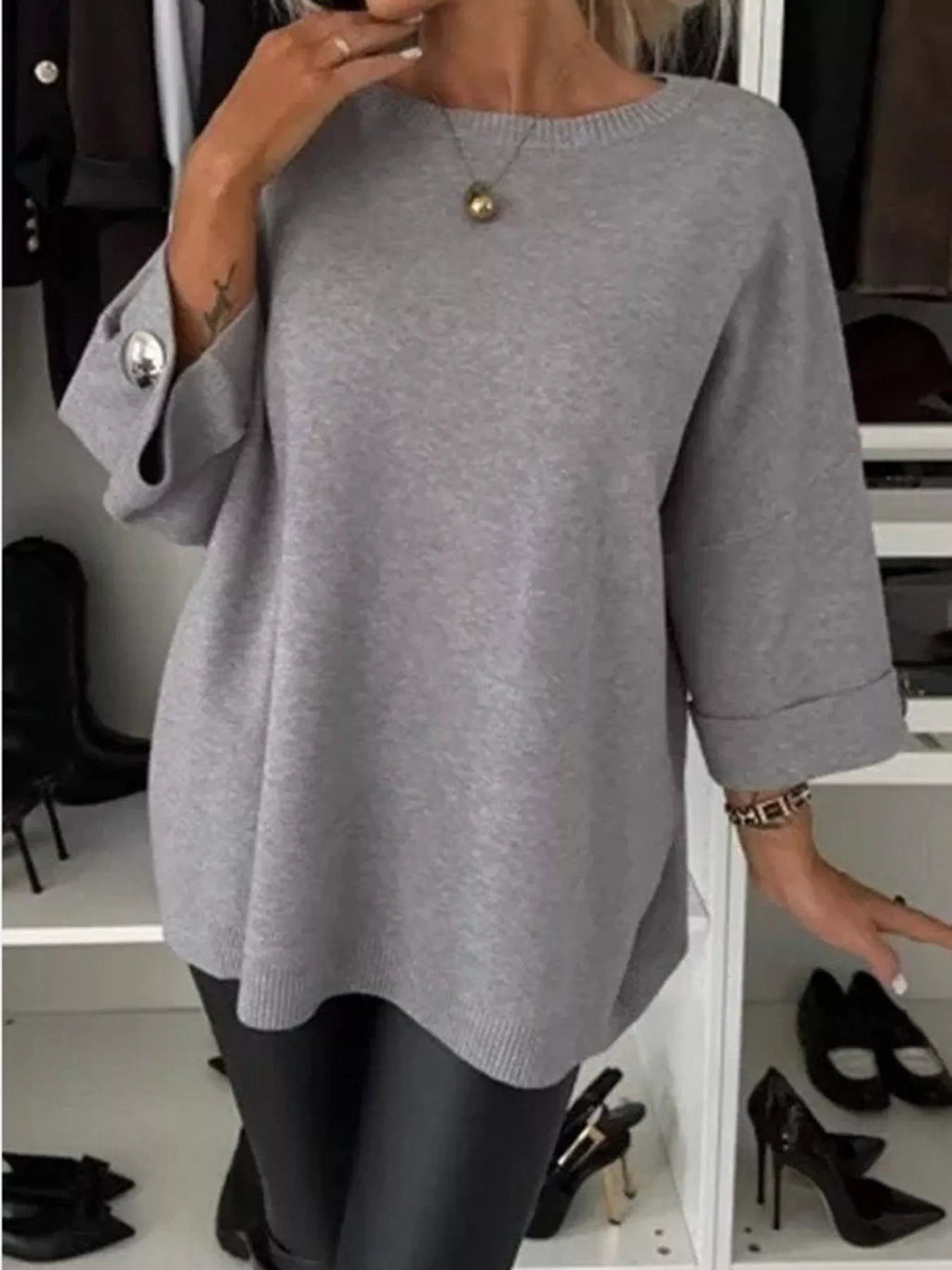 Sarah Express Women's Full Size Round Neck Drop Shoulder Top with Ribbed Trim Plus Size