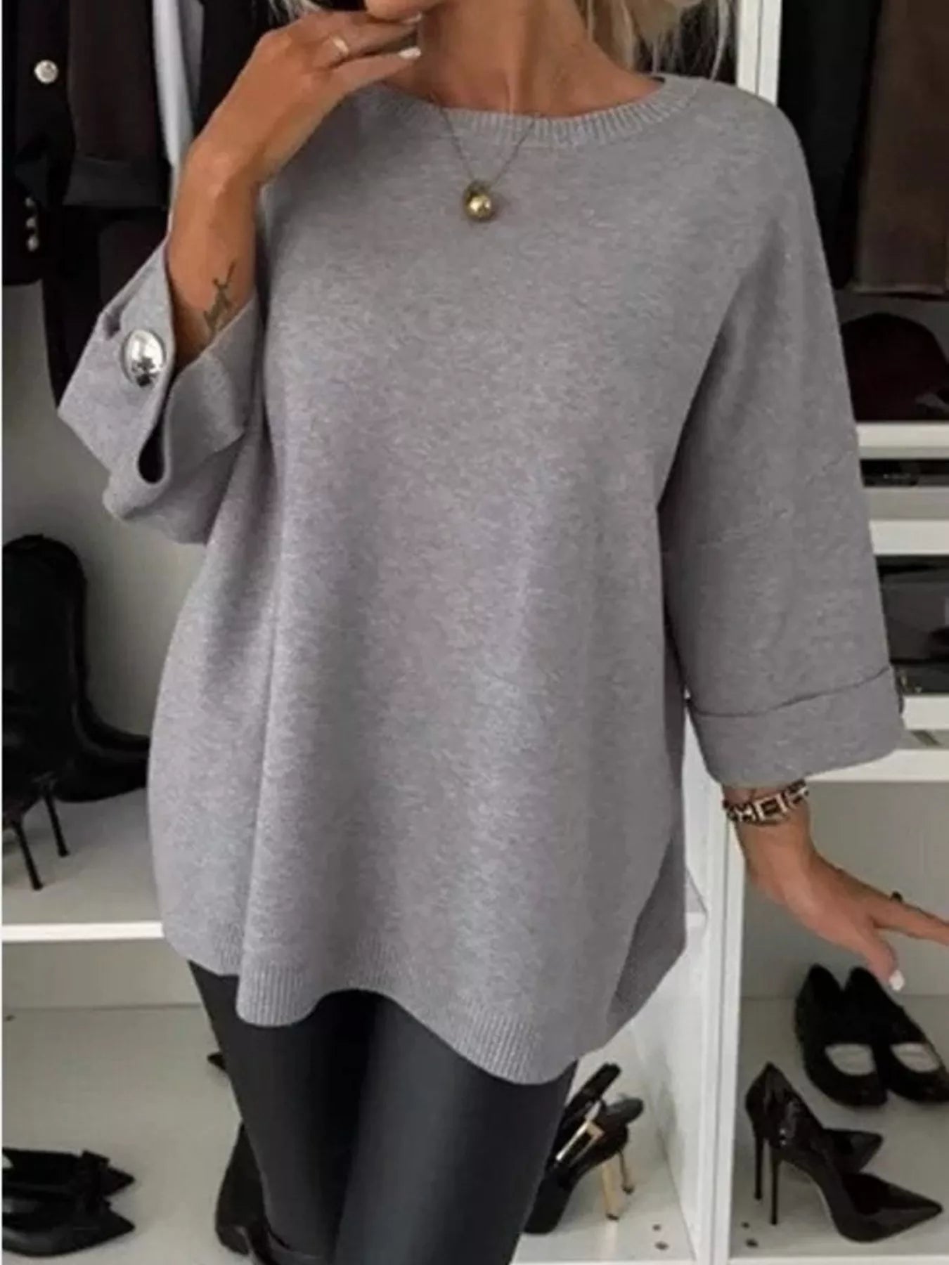 Sarah Express Women's Full Size Round Neck Drop Shoulder Top with Ribbed Trim Plus Size