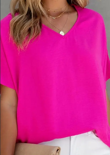 Women's Solid V-Neck Short Sleeve Blouse Casual Polyester Top