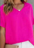 Women's Solid V-Neck Short Sleeve Blouse Casual Polyester Top