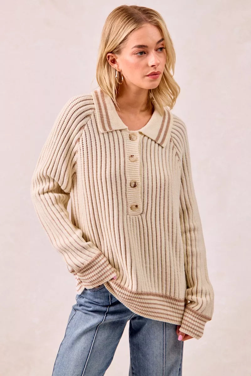 Sarah Express Women’s Two Tone Ribbed Sweater with Half Button Collar