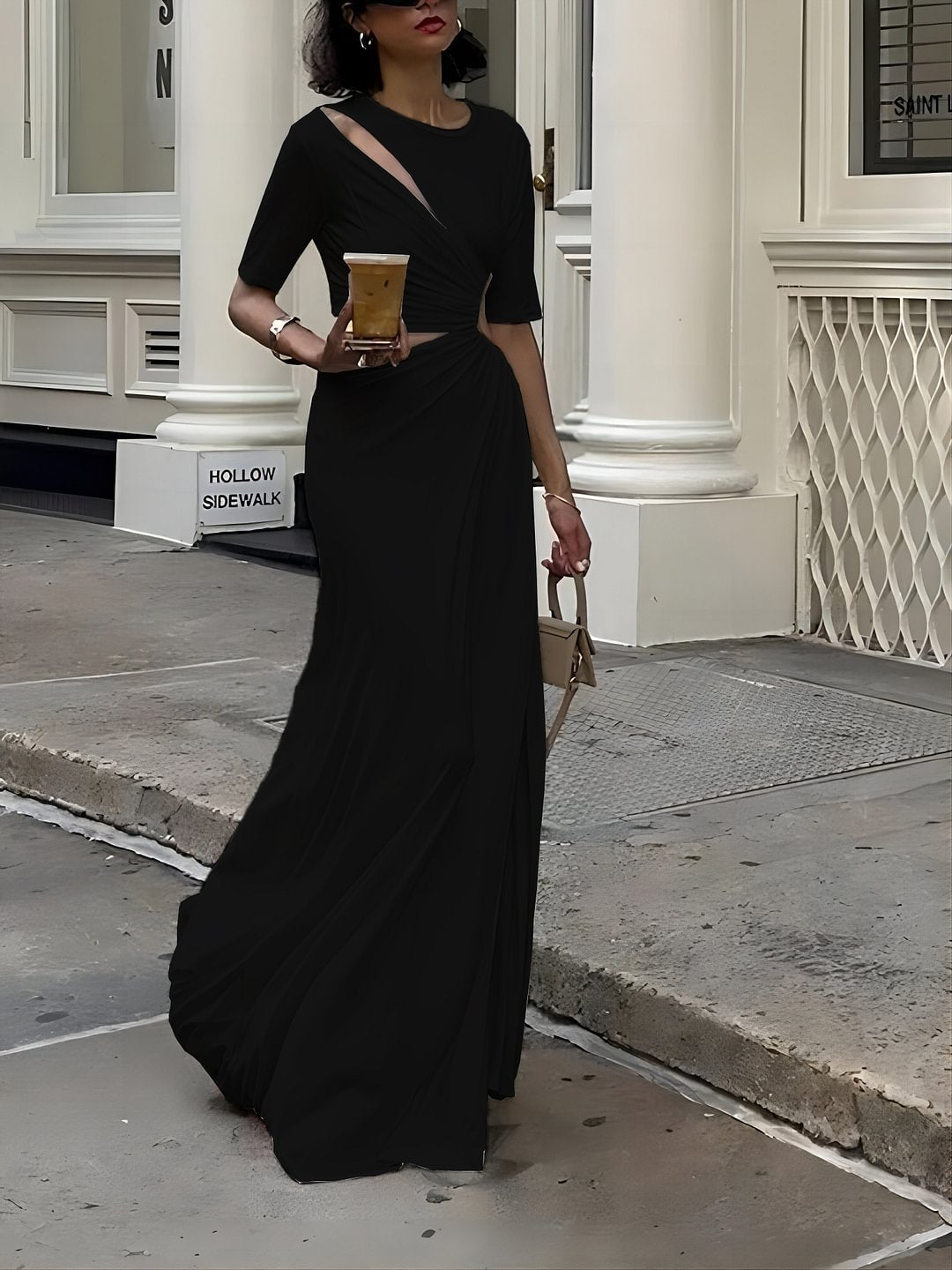 Women's Asymmetric Shoulder Dress Short Sleeve Printed Mini with Slit Detail